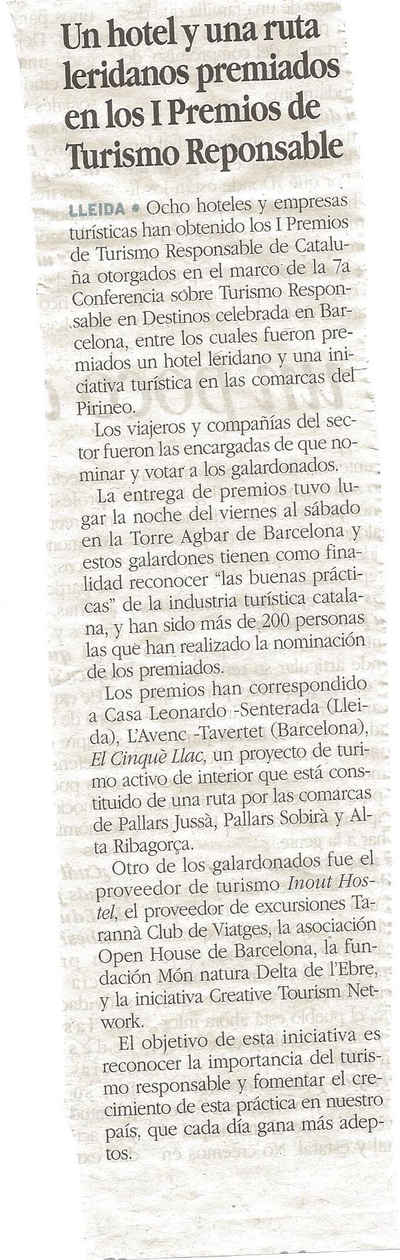“Un hotel y una ruta leridanos premiados en los I Premios de Turismo Responsable” a la Mañana